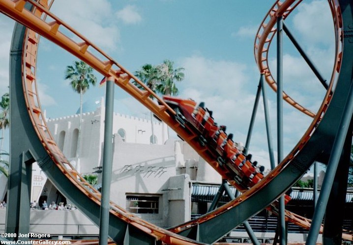 Scoprion train going through the vertical loop