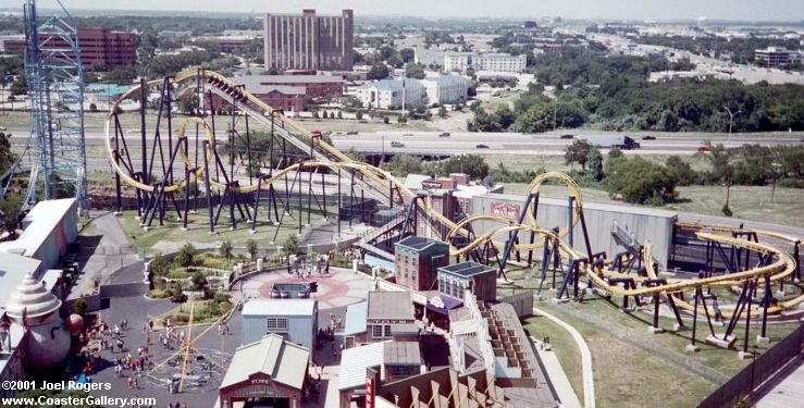 Aerial view of Batman: The Ride at SFOT