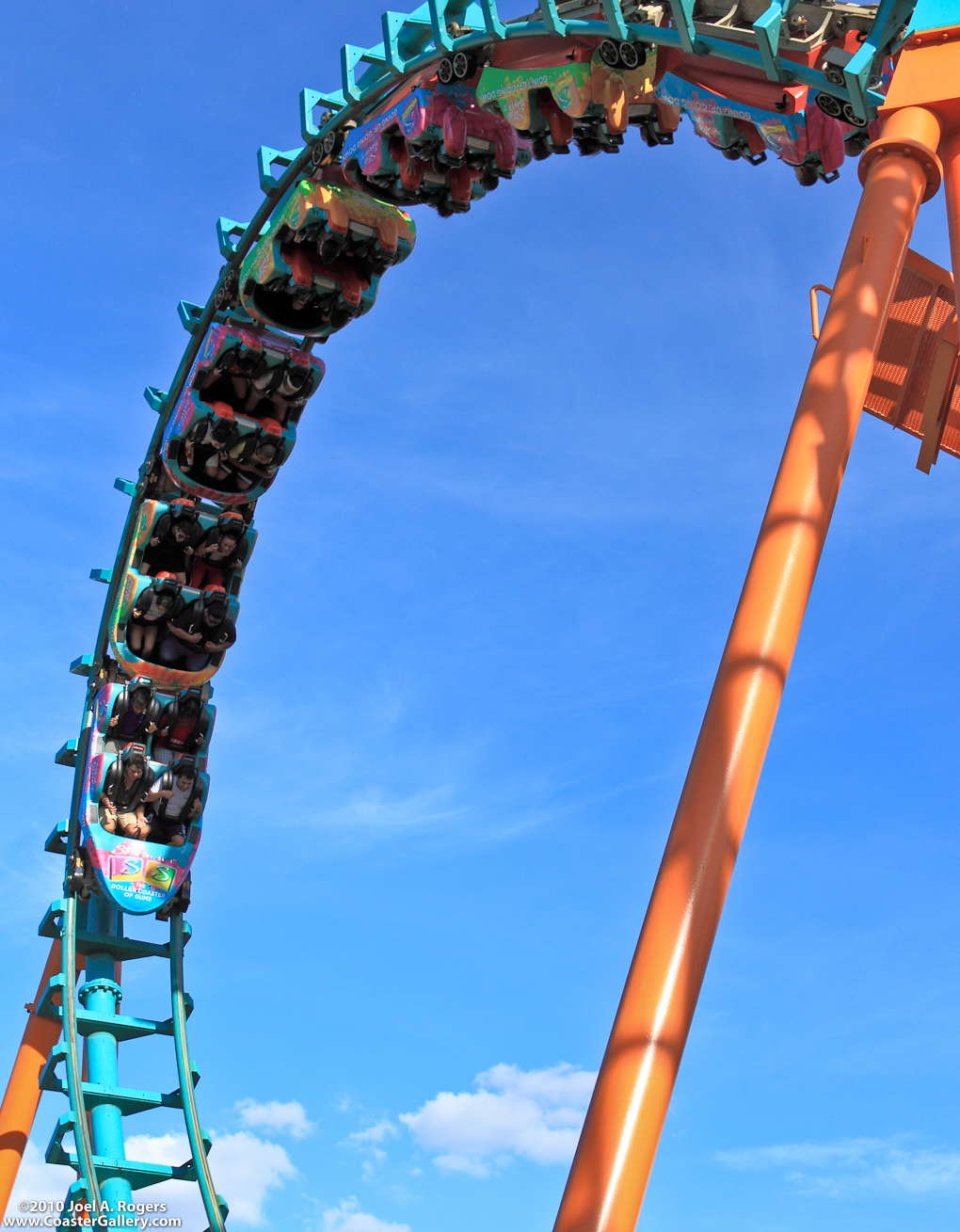 Over-the-shoulder restraint harnesses on the Boomerang coaster at Six Flags