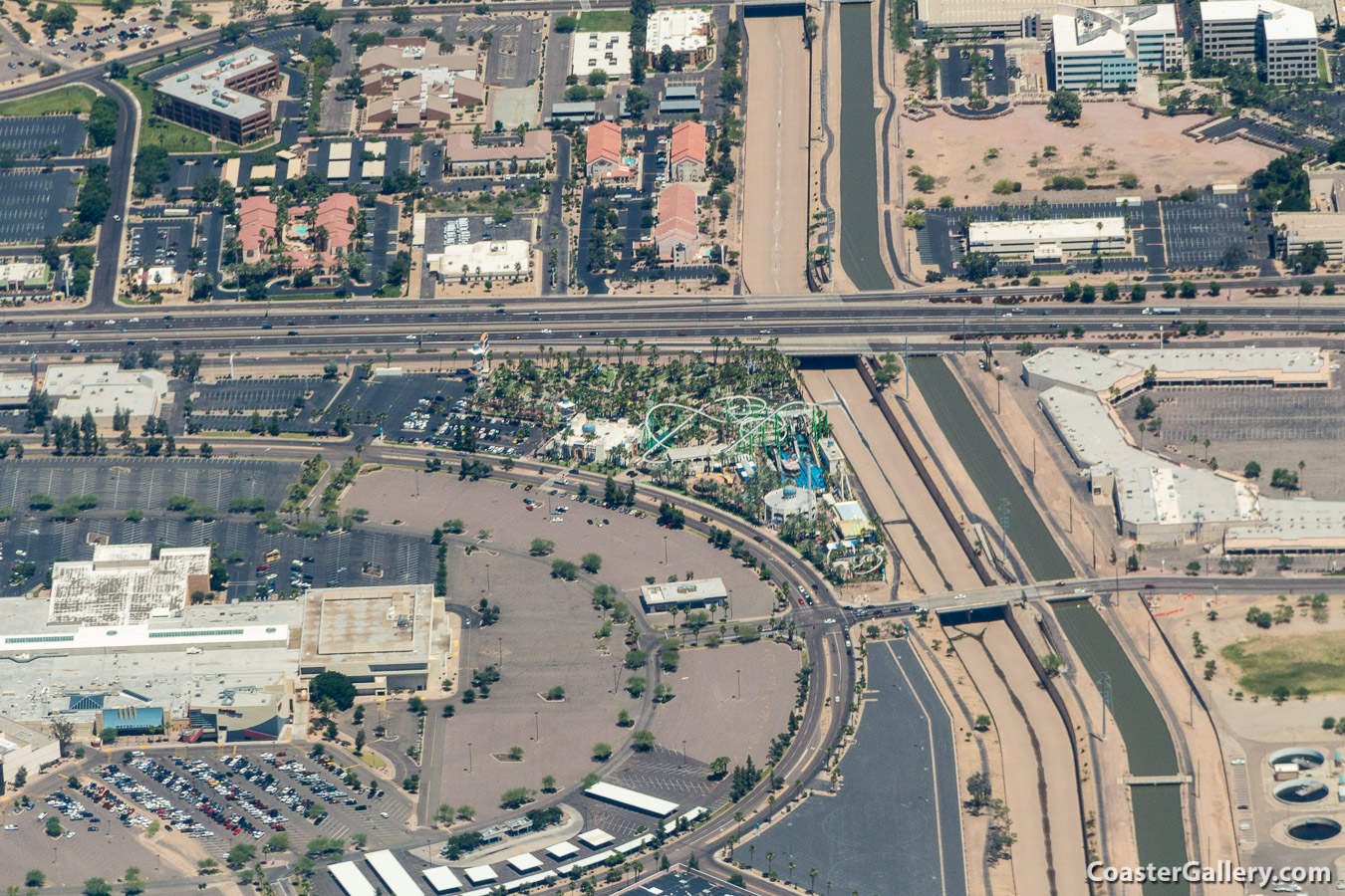 Aerial view of Castles~n~Coasters and the Metro Center Mall