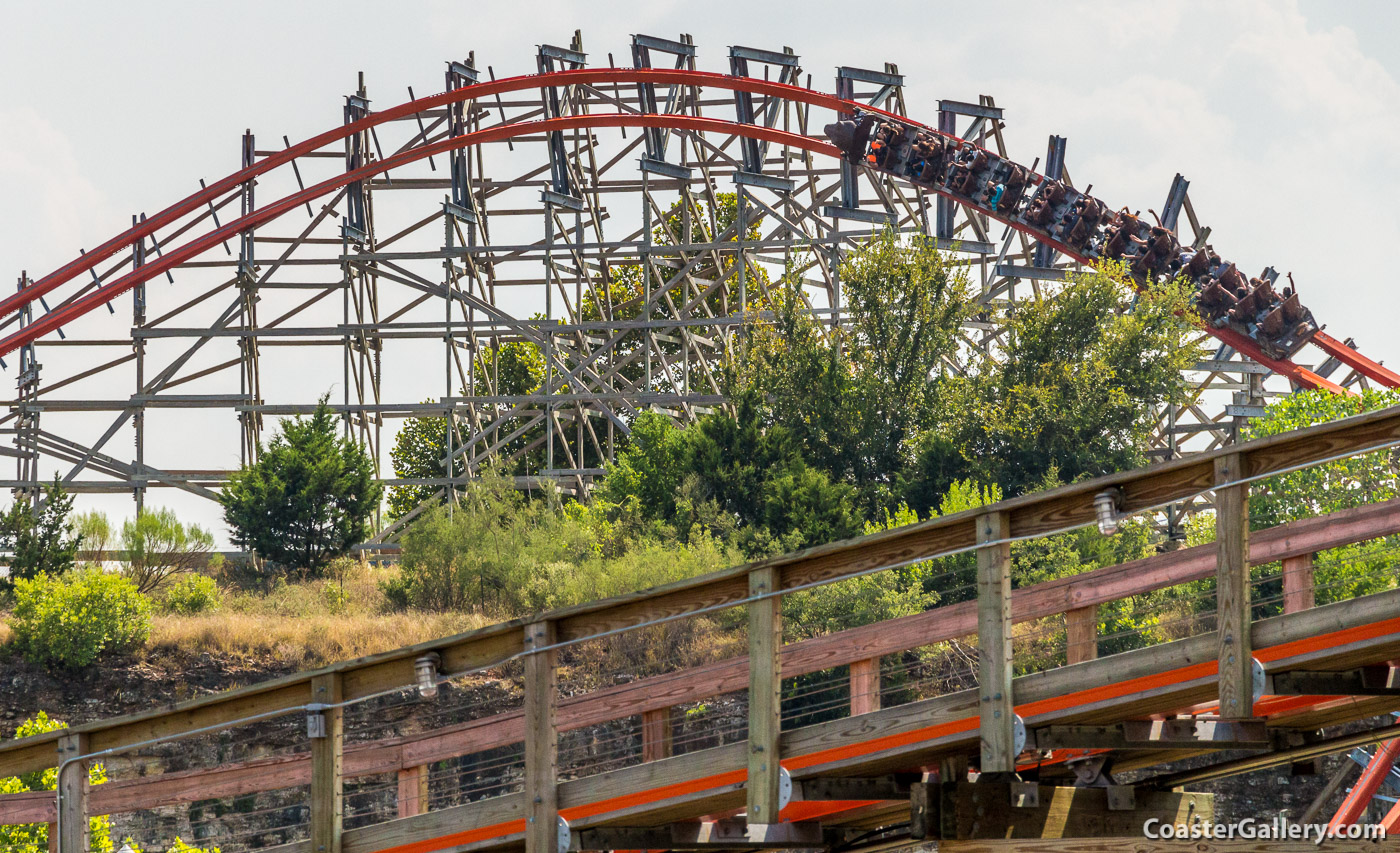 Overbanked turn on the Iron Rattler roller coaster at Six Flags Fiesta Texas