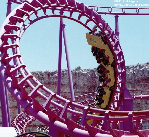 Pictures of the Corkscrew Loop on the Joker's Revenge roller coaster at Six Flags Fiesta Texas