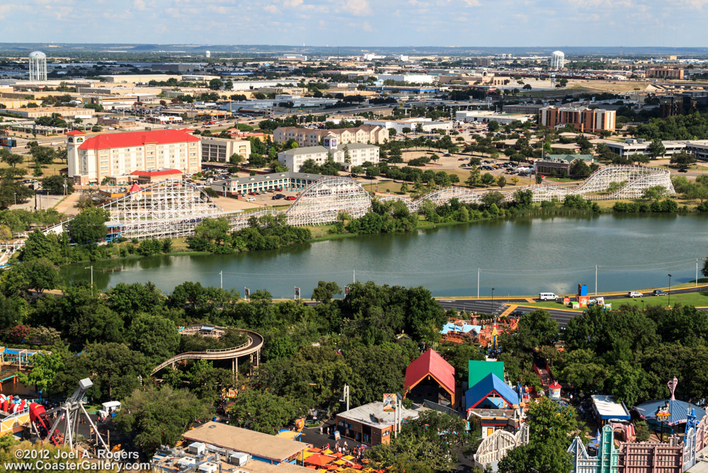 Aerial view of the Judge Roy Scream roller coaster in Texas