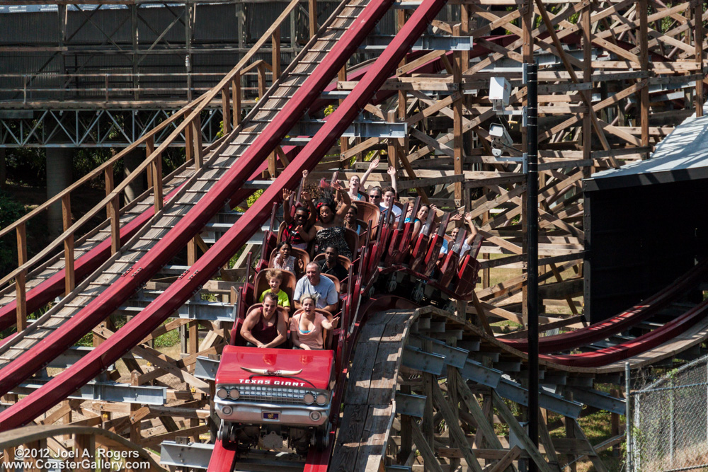 Car themed trains on the New Texas Giant at Six Flags Over Texas