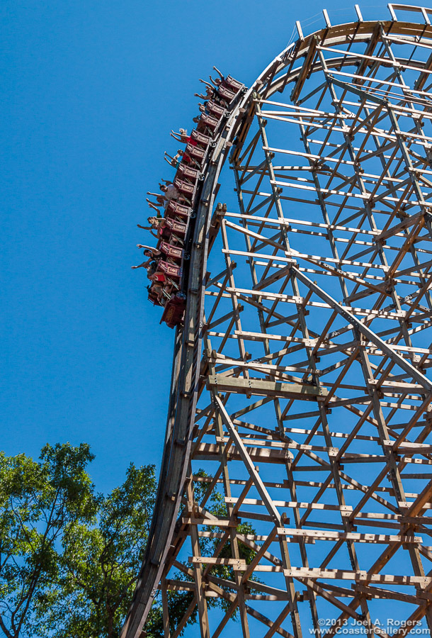 Going nearly straight down on a wood coaster