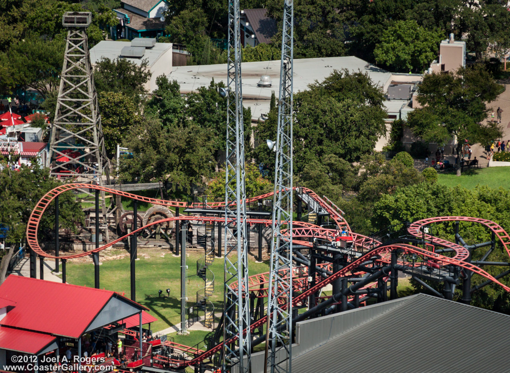 Aerial view of the Pandemonium roller coaster in Texas