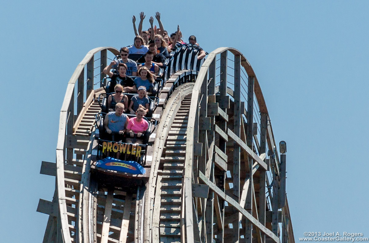 Close up of the train on the Prowler Roller Coaster