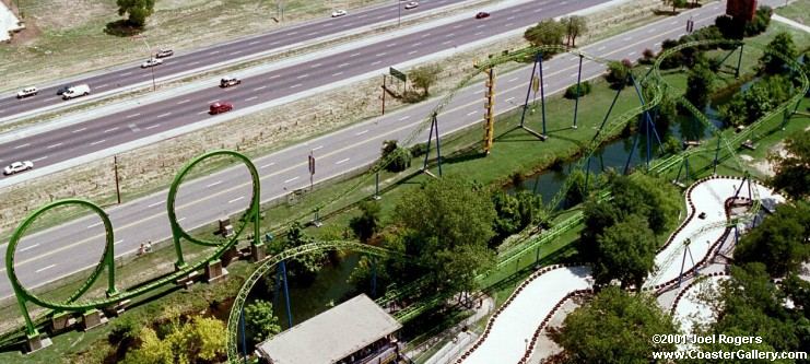 Aerial view of double looping roller coaster