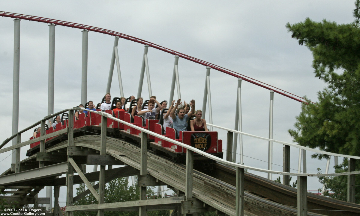 Close-up view of train on Timber Wolf roller coaster