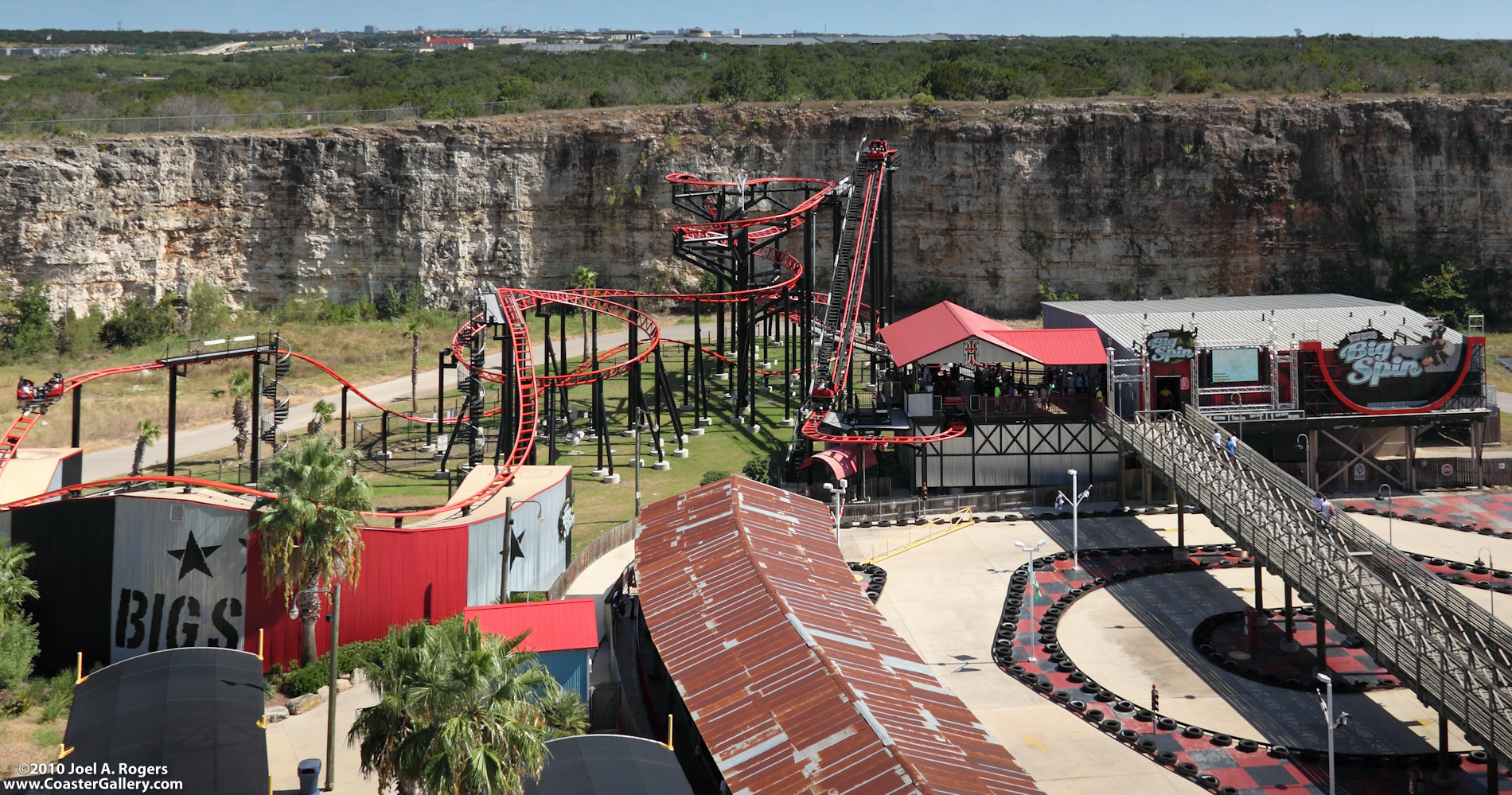 Aerial view of the Tony Hawk Big Spin roller coaster in Fiesta Texas