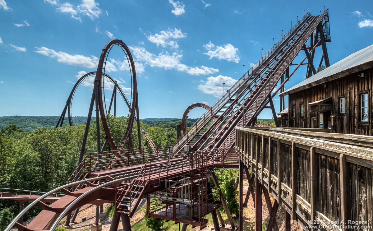 Pictures of the Wildfire looping roller coaster. This is the lift hill, loading station, and several loops.