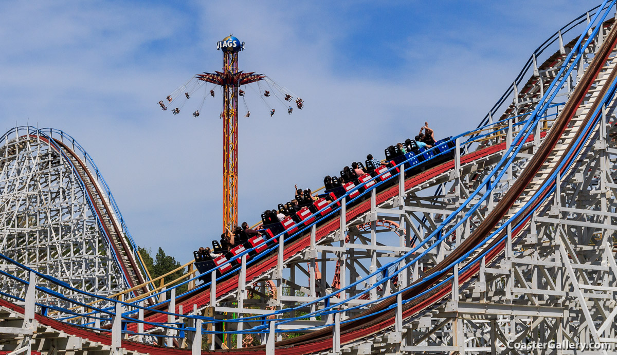 First drop on a wooden roller coaster at Six Flags