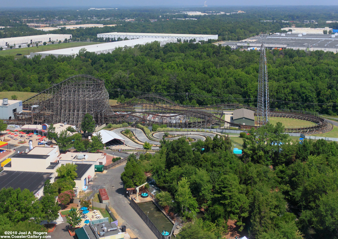 Aerial view of a roller coaster near Charlotte, North Carolina