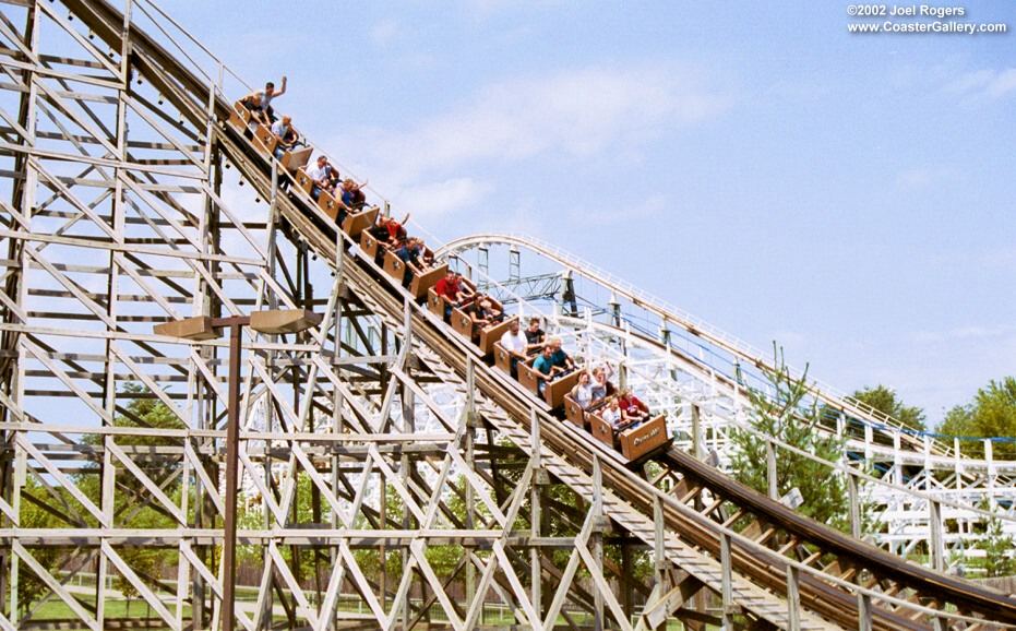 Twisting drop on a wood roller coaster