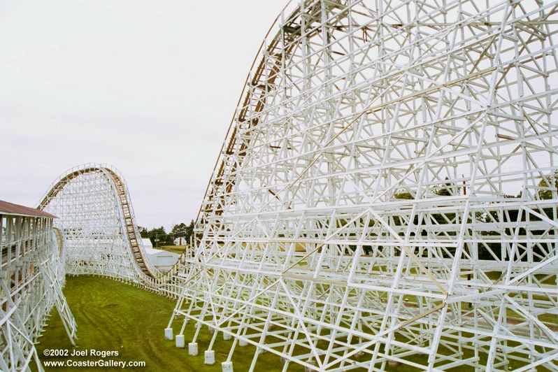 Tornado in Adventureland. Wooden coaster support structure.