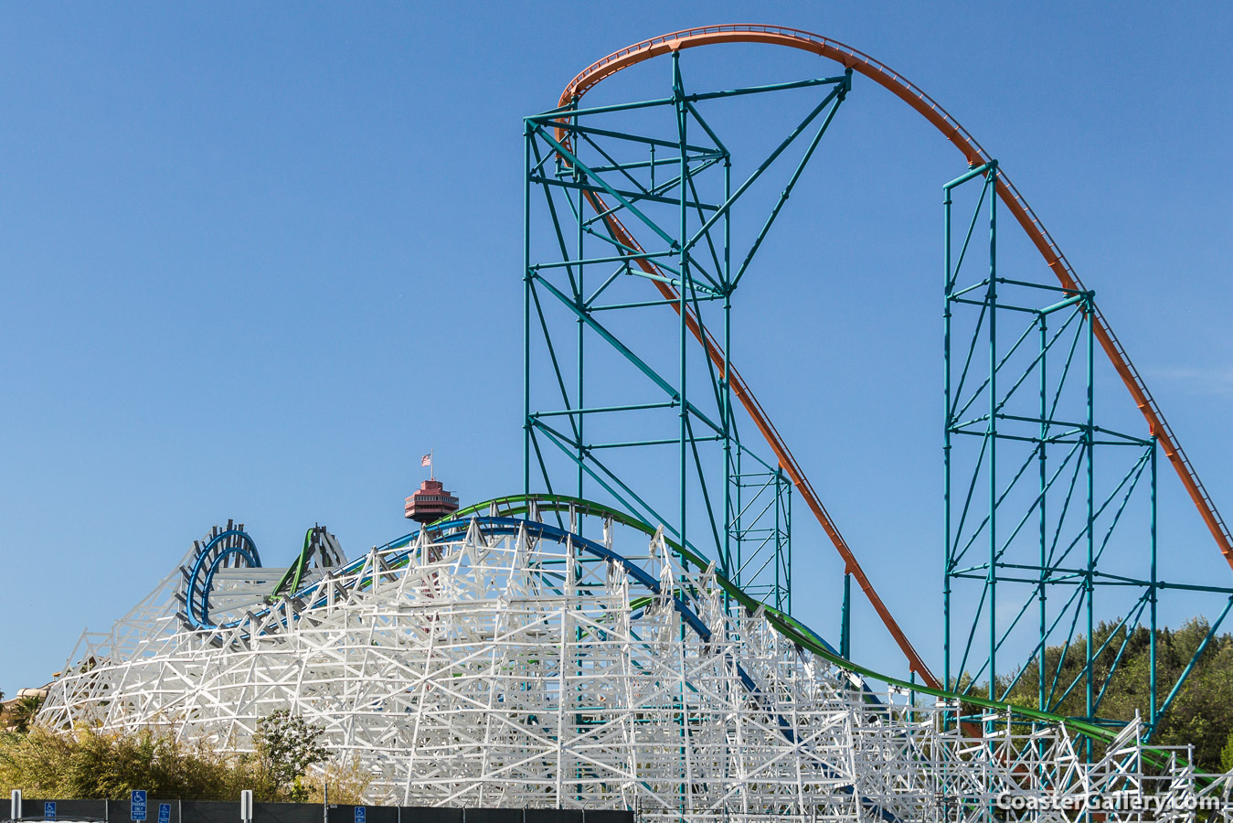 Pictures of Goliath and Colossus roller coasters.