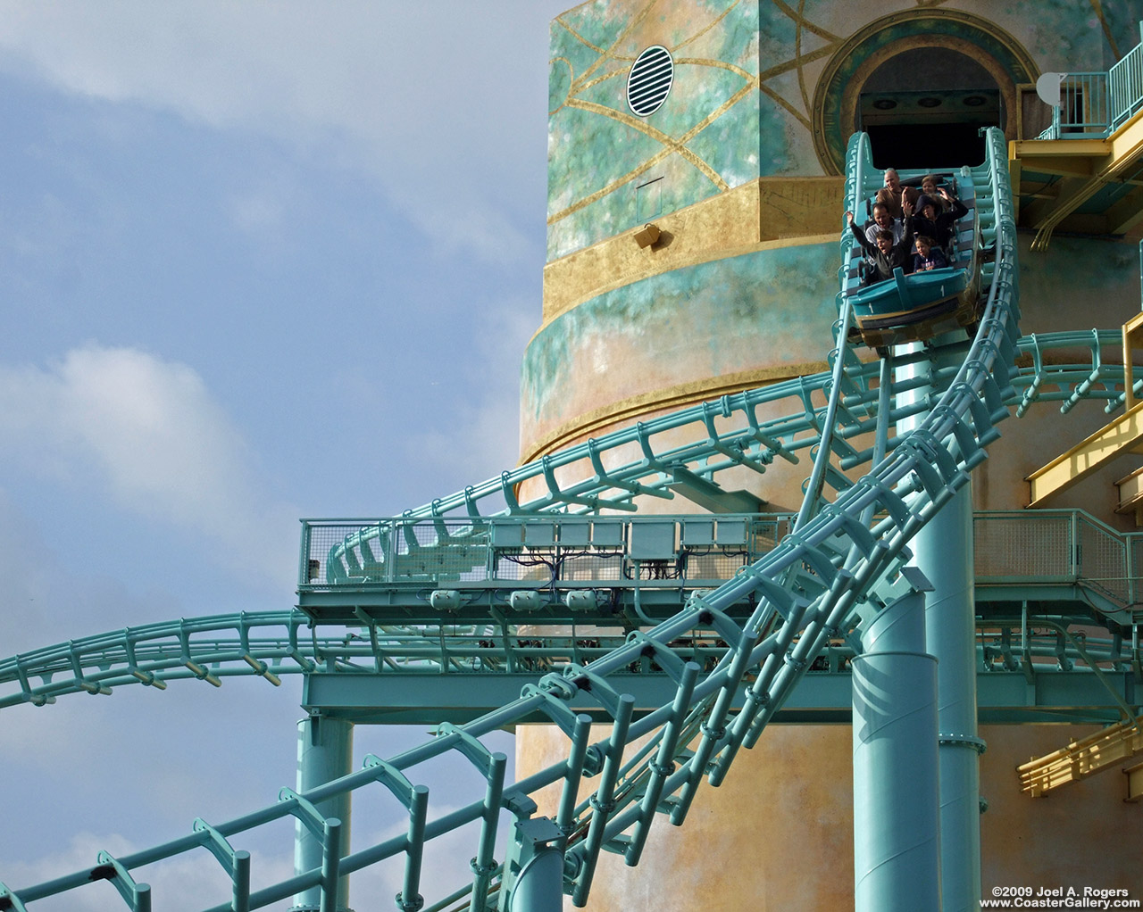The big drop on the roller coaster portion of Journey to Atlantis