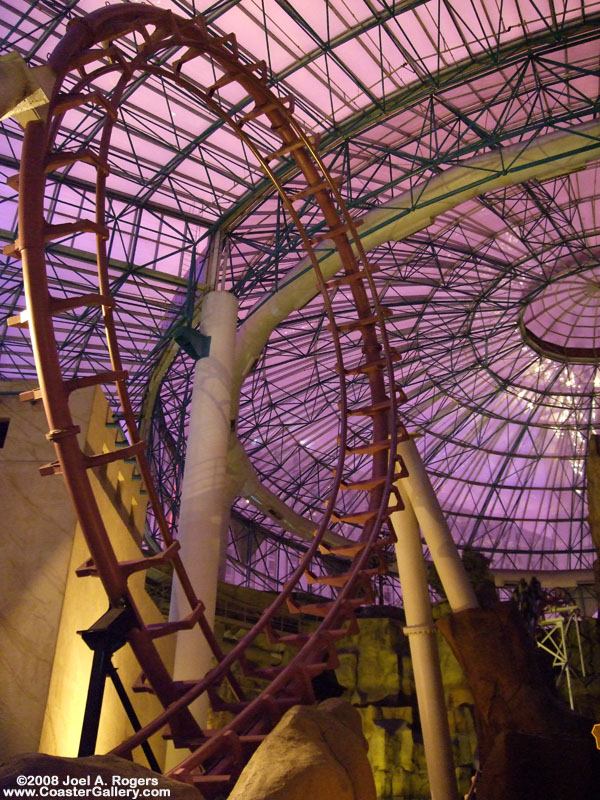 vertical loop on an indoor roller coaster