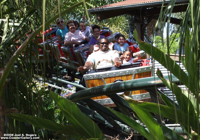 Close-up of Coastersaurus' roller coaster train