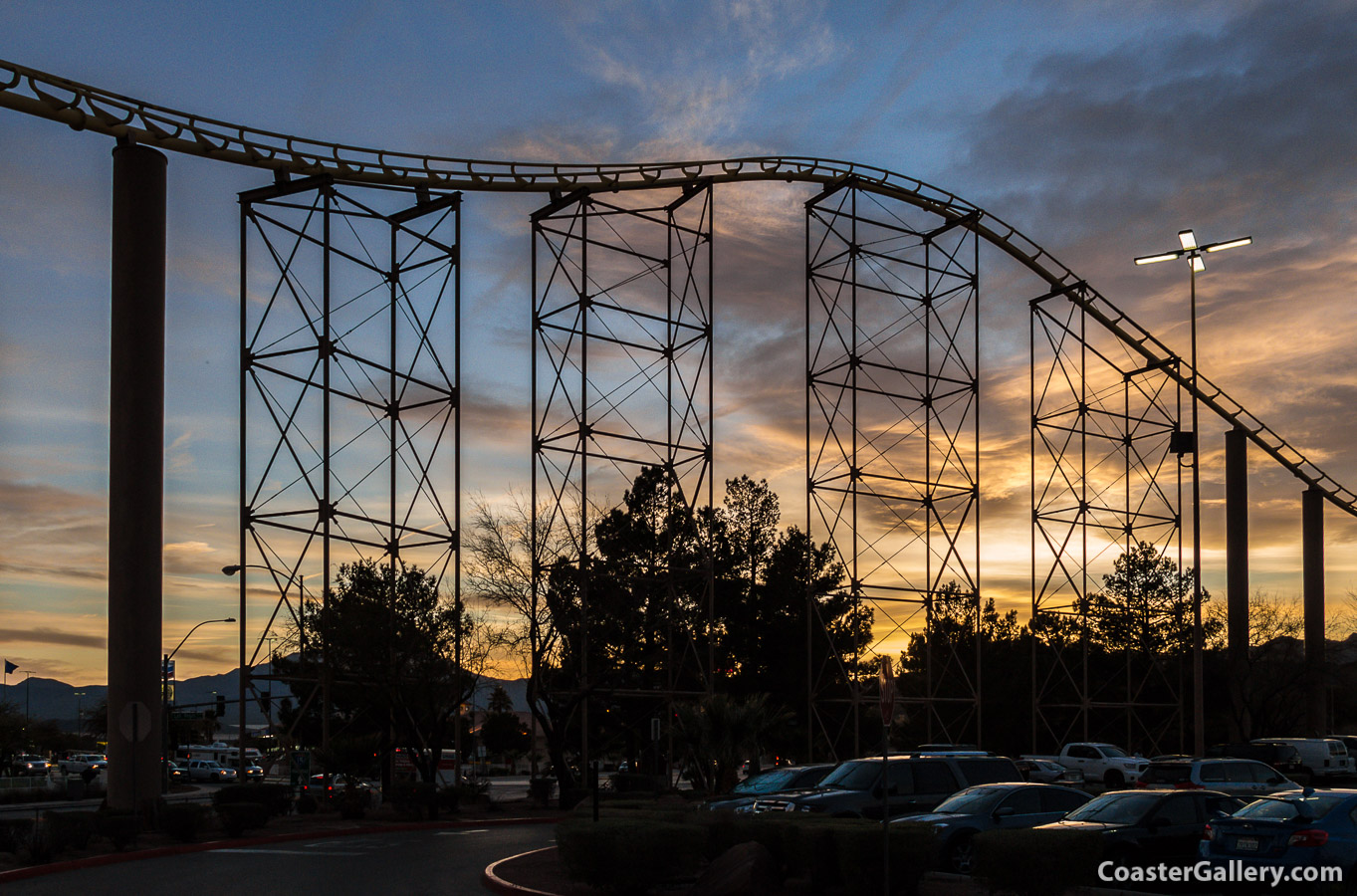 Giga Coasters and Strata Coasters. Roller coaster pictures at sunset.