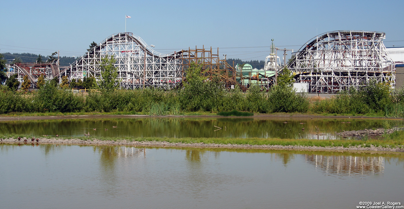 Coaster Thrill Ride reflected in a pool of water