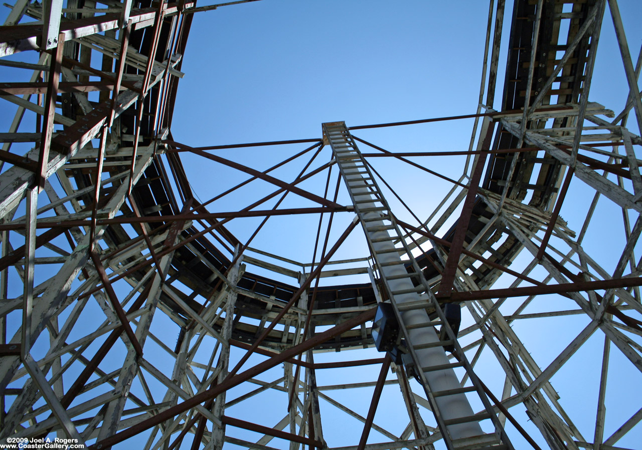 Looking straight up from inside a roller coaster