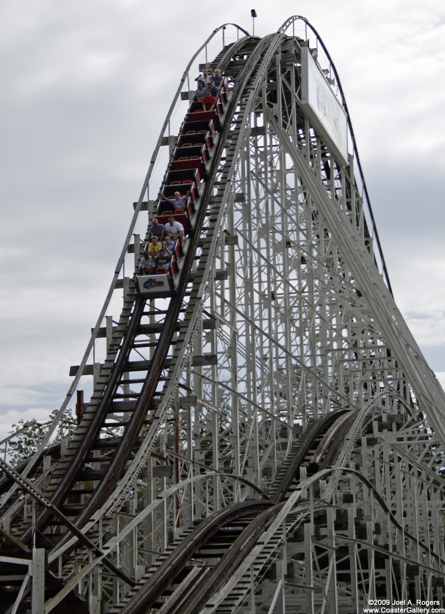 The red train plunging down Comet's first hill