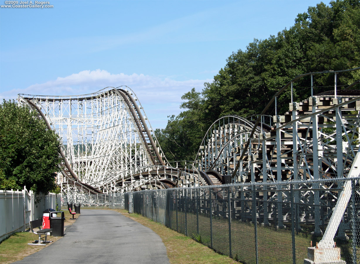 Looking down a double out-and-back roller coaster