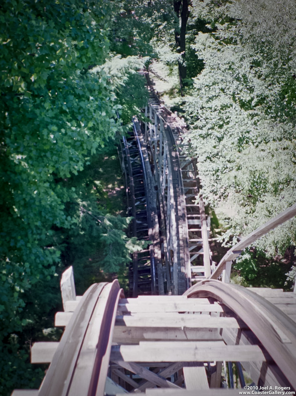 Point of View shot of the Blue Streak roller coaster at Conneaut Lake