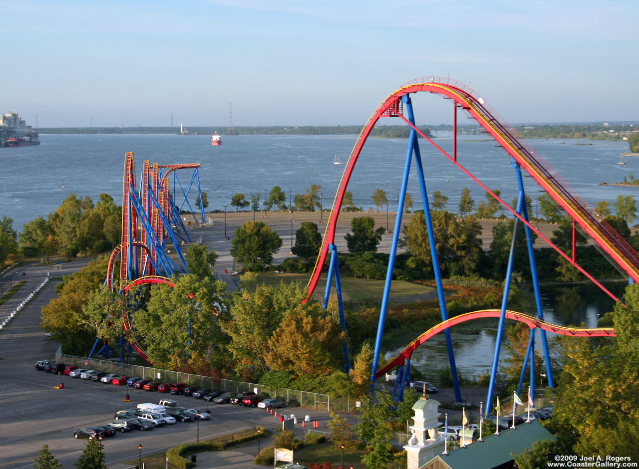 View of the entire roller coaster as well as the St. Lawrence Seaway