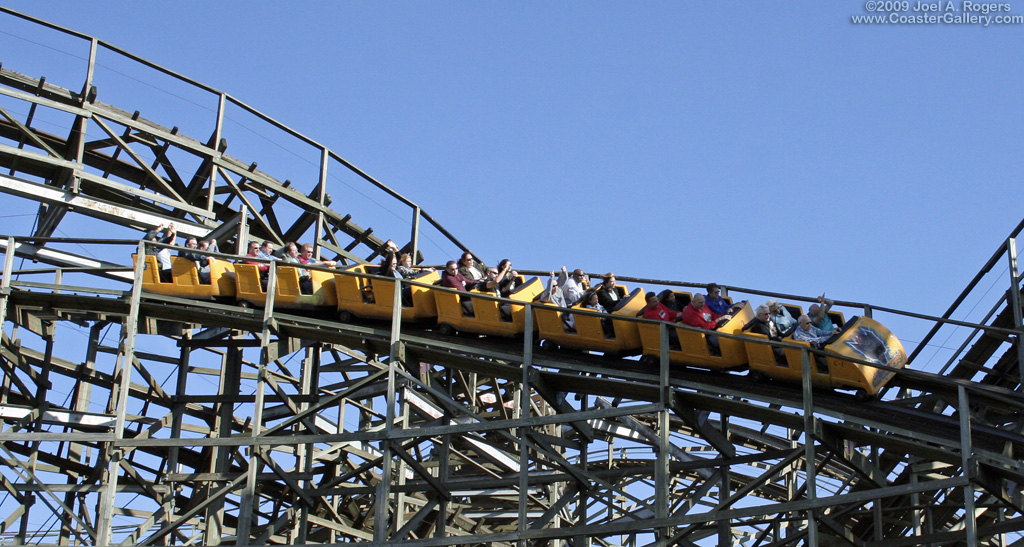 Trains on the wood coaster called Le Monstre
