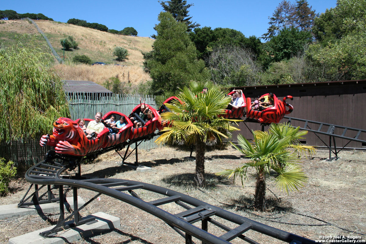 Kiddie coaster going around palm trees near San Fransico