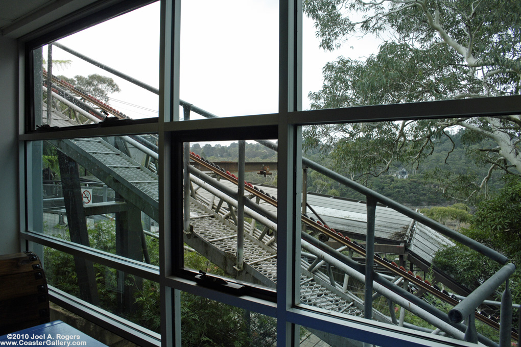 Orphan Rocker roller coaster seen through some windows