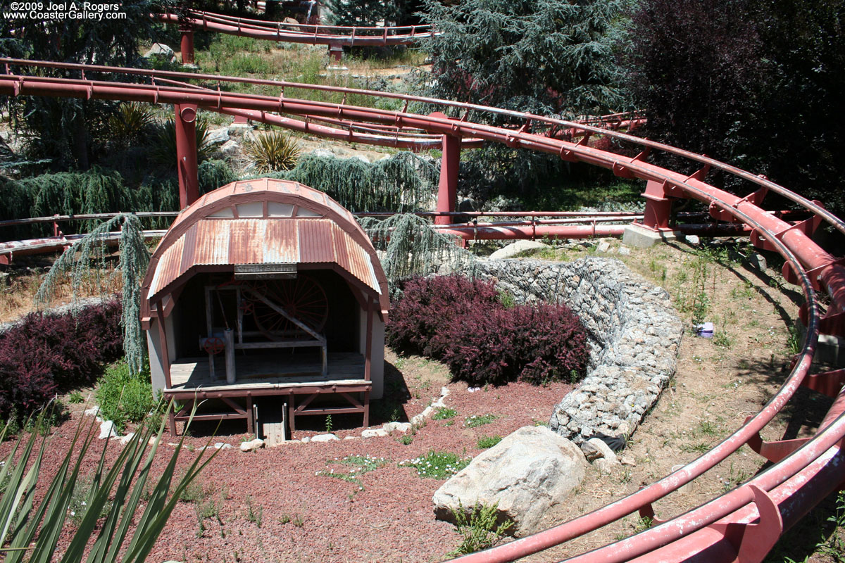 Looking down on a roller coaster and decorations