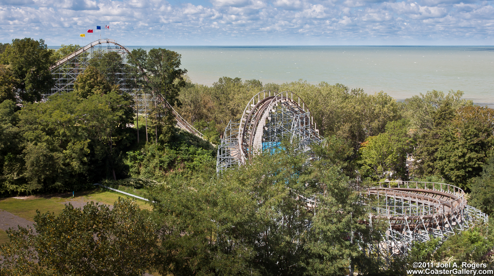 Ravine Flyer 2 roller coaster and Lake Erie shore