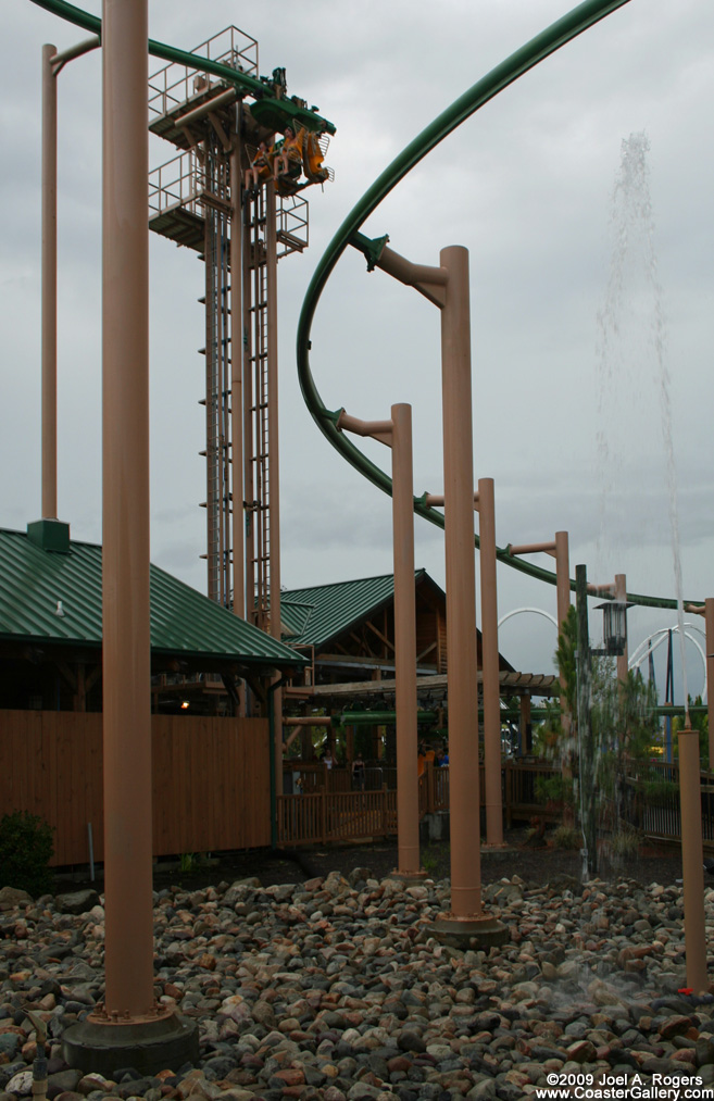 Water fountains and a roller coaster at the Hard Rock Park.