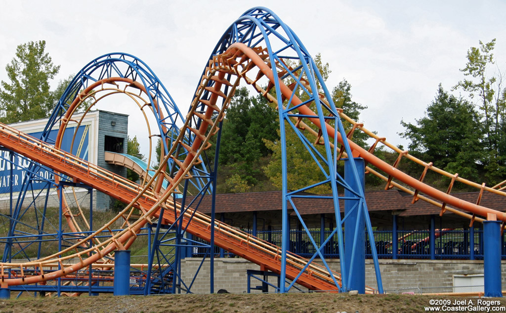 Vertical and corkscrew inversions on a roller coaster