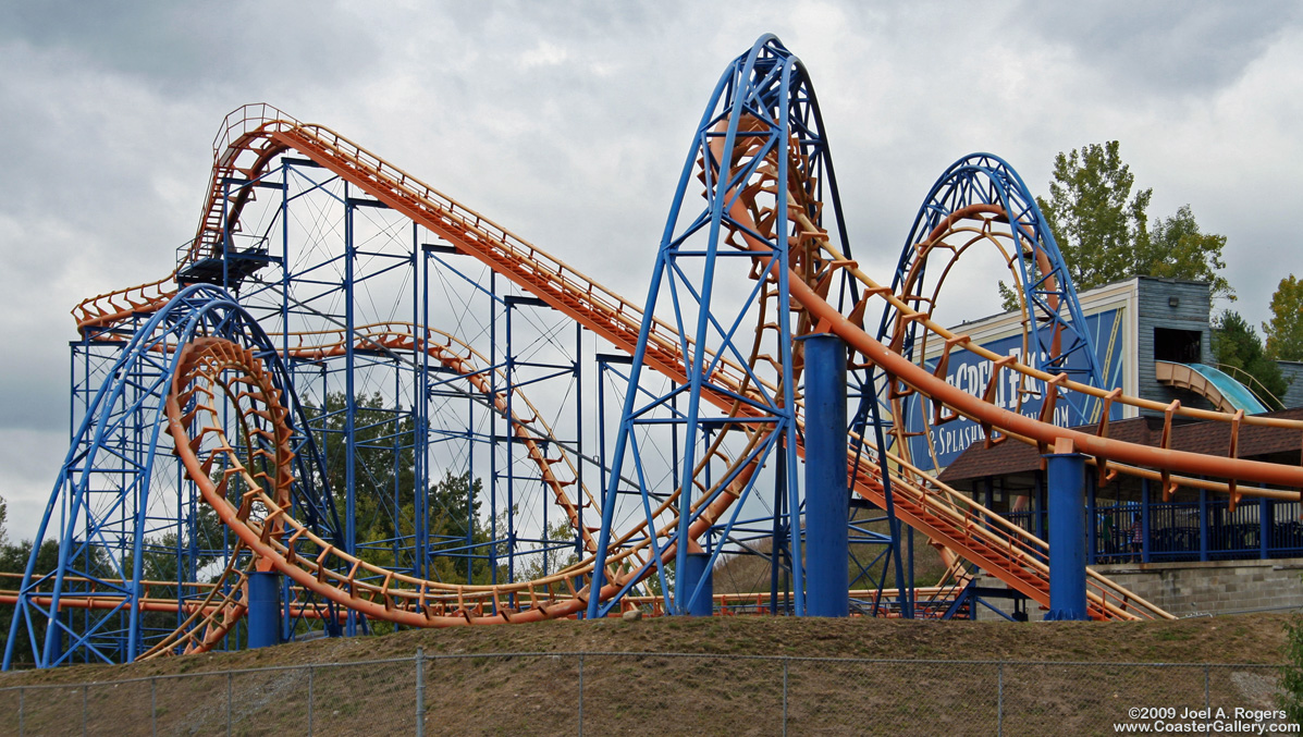 Roller coaster sitting next to Great Escape's front entrance