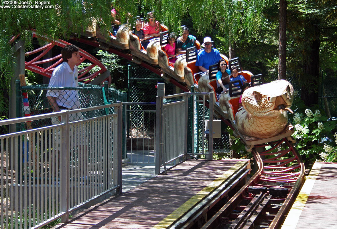 Snake-shaped roller coaster pulling into the station