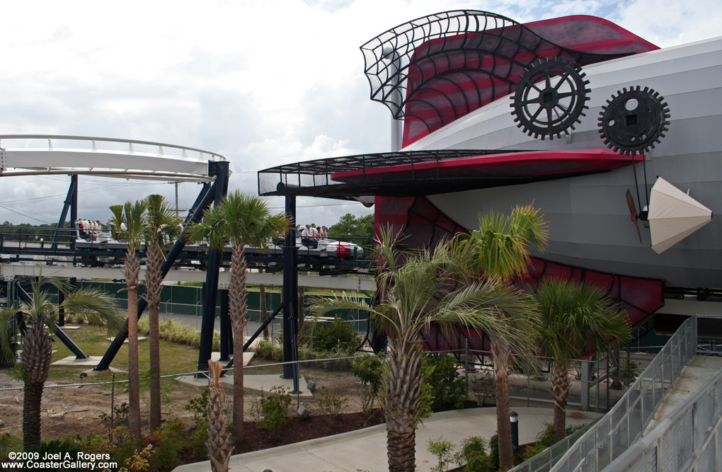 Zeppelin blimp and a roller coaster