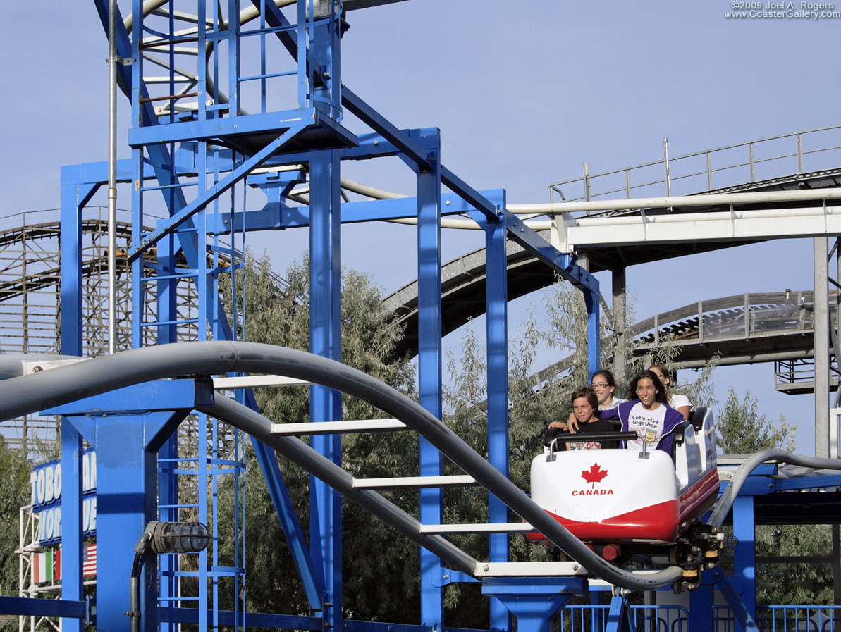 Close up view of a car on the Toboggan Nordique roller coaster