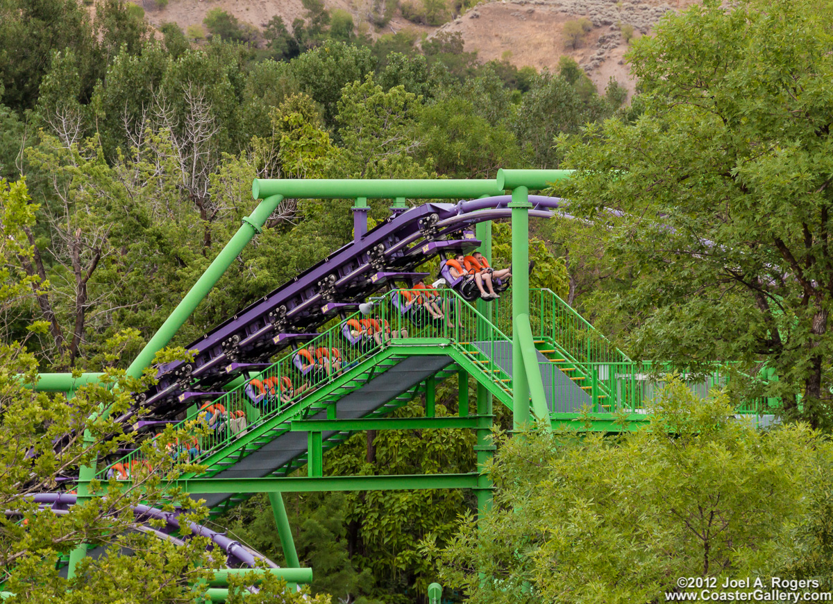 Aerial view of The Bat roller coaster at Lagoon