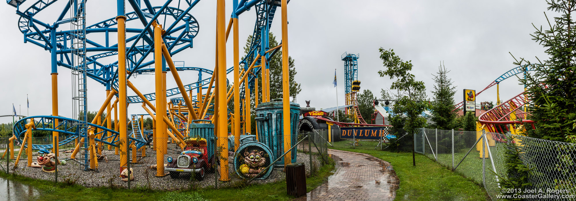 Pictures of the strange roller coasters and statues of BonBon-Land in Denmark