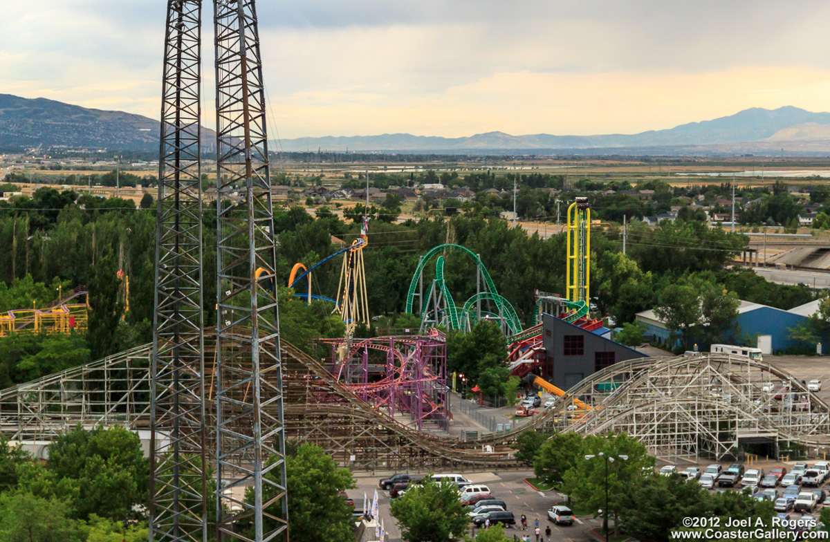 Aerial view of the roller coasters at Lagoon in Utah