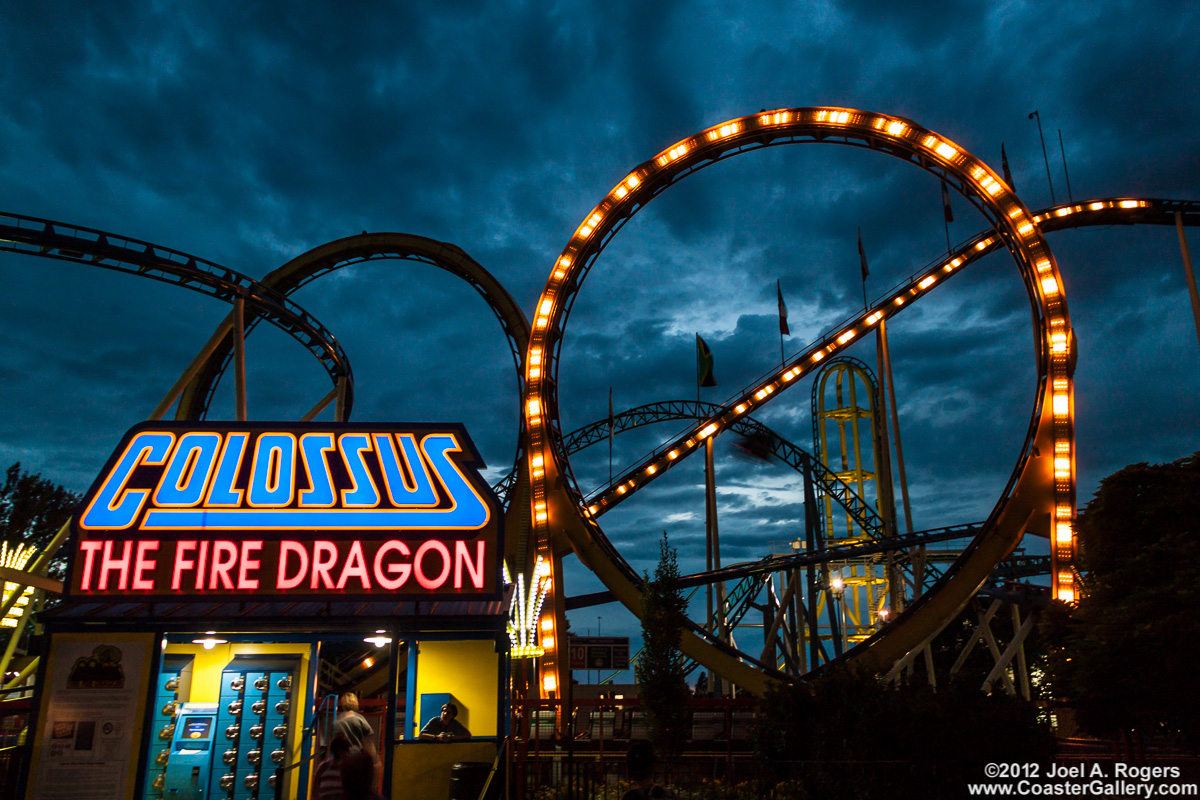 Colossus the Fire Dragon roller coaster at night