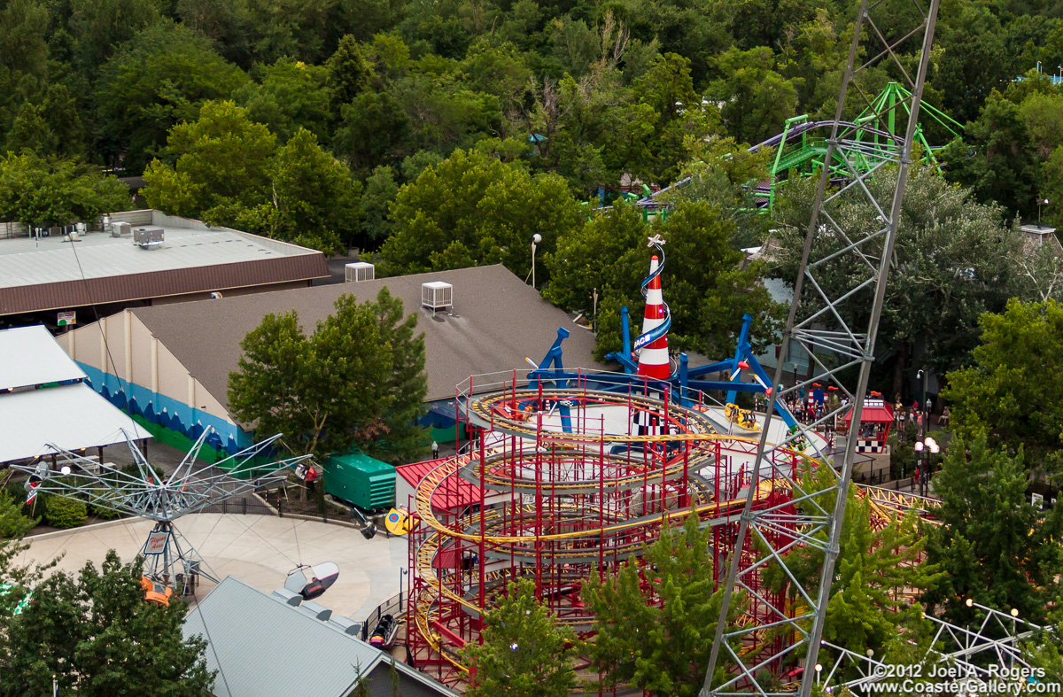 Aerial view of Lagoon's rides