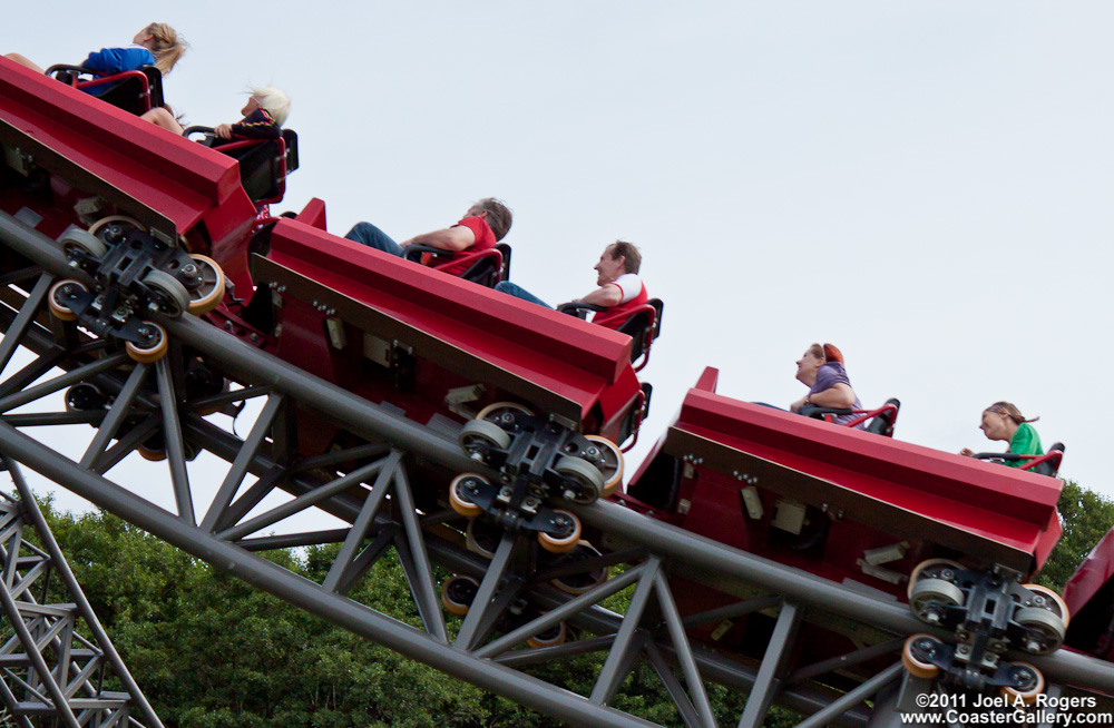 Lapbars and a close-up of the coaster train on an Intamin thrill ride