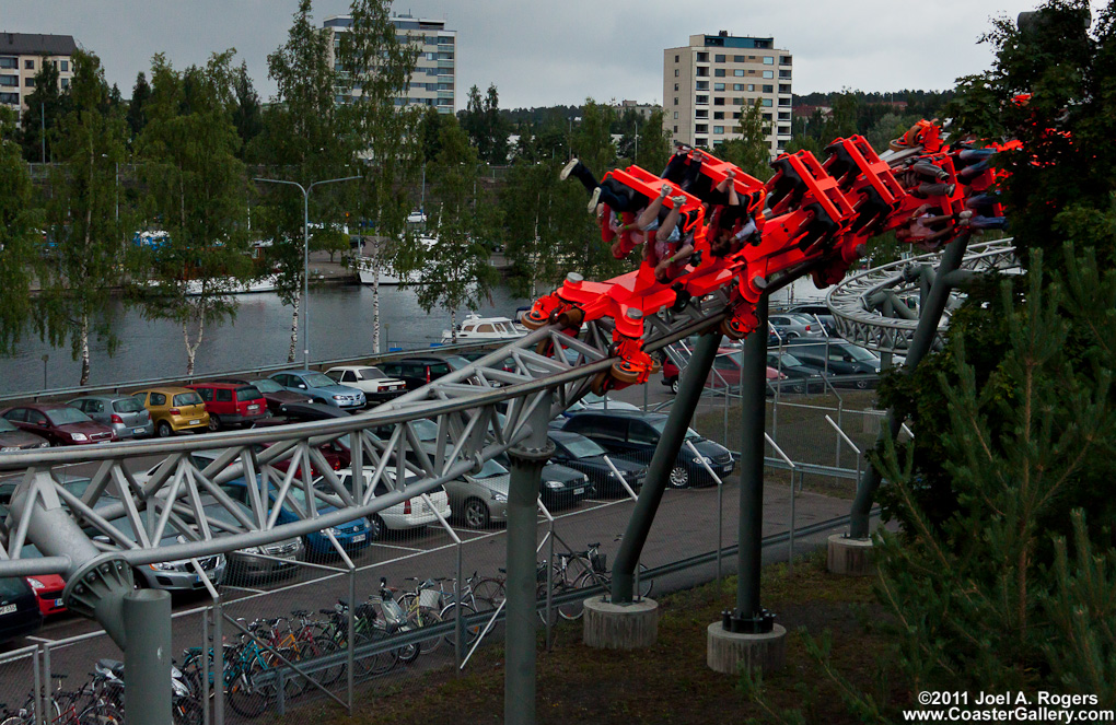 An inverted roller coaster going upside down