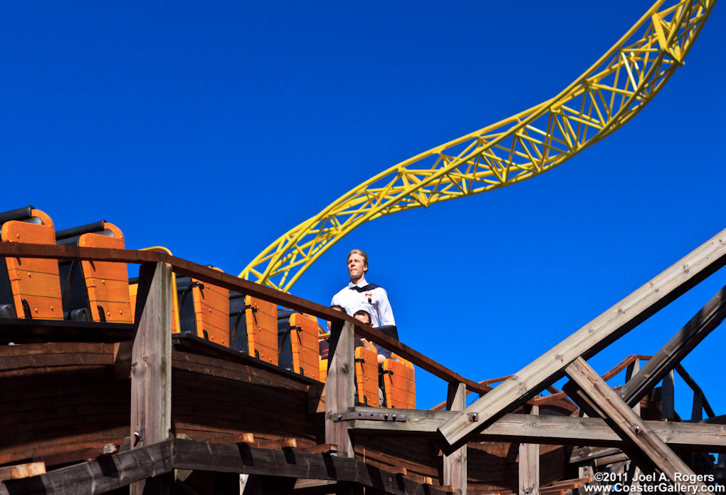 Blond Finn operating the brakes on a roller coaster