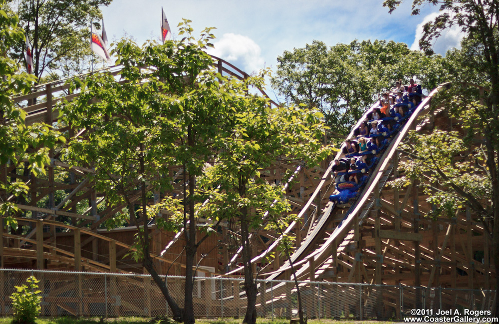 First drop of the Wooden Warrior roller coaster